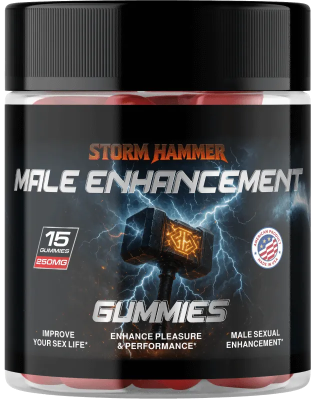 Close up of Storm Hammer Gummies bottle showing ingredients and quality