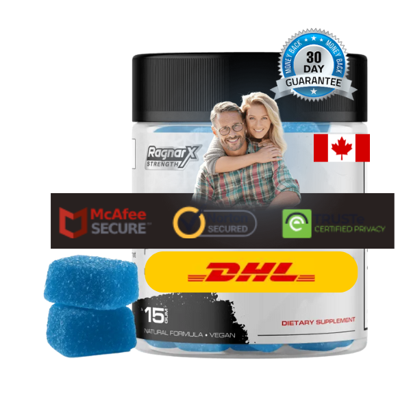 RagnarX Canada bottle with secure purchase and guarantee seal, image of shipping method, and gummies.
